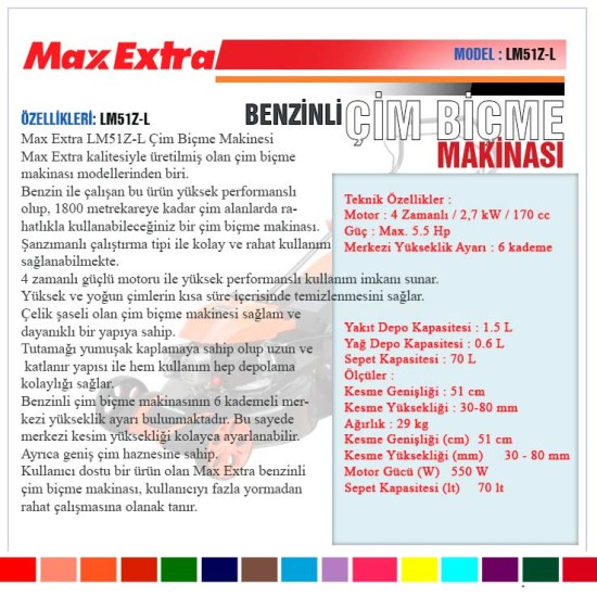 Max Extra Benzinli Çim Biçme Makinası (LM51Z-L) 170Cc 51Cm