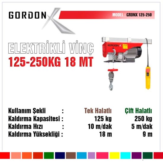 Gordon X Elektrikli Vinç 125-250 Kilo Gram 18 Metrelik 